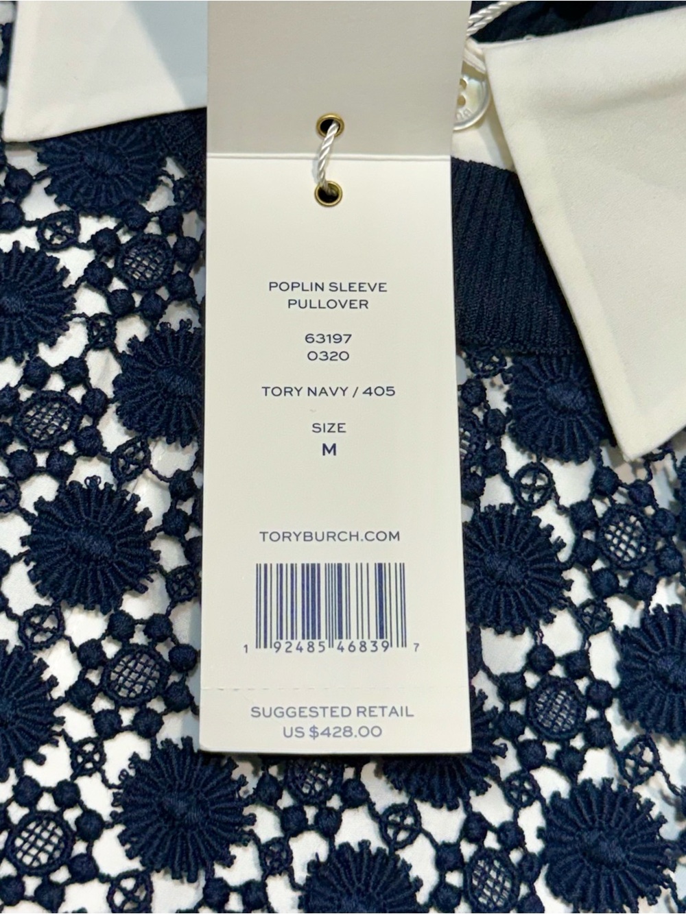 NWT Tory Burch Poplin Sleeve Pullover Shirt Women’s Size Medium Navy Blue White - Picture 6 of 15